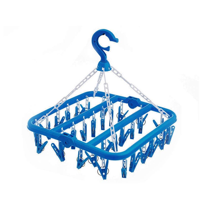 SteelFever Clothes Drying Hanger with 32 Clips, Foldable Hanging Drying Rack for Clothes Underwear Socks (Blue) - Image 1